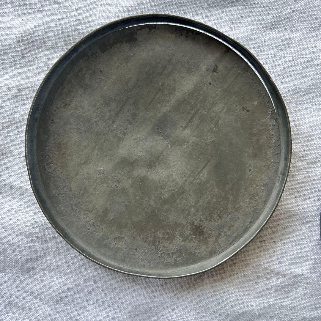 フランス アンティーク ピューター エタン 花リム 深皿と小物入れ　2点セット