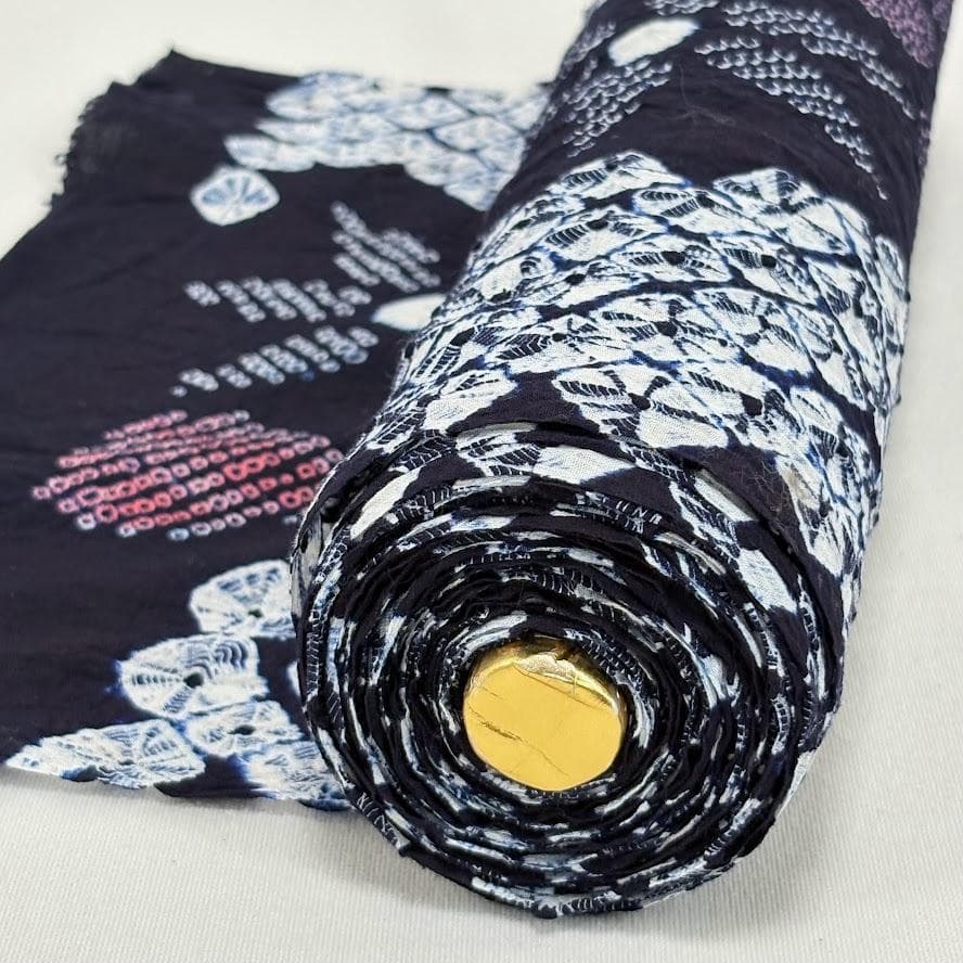 ゆりのはな　絞り浴衣反物　伝統工芸　有松鳴海絞り　総絞り　紺色系　綿　J305