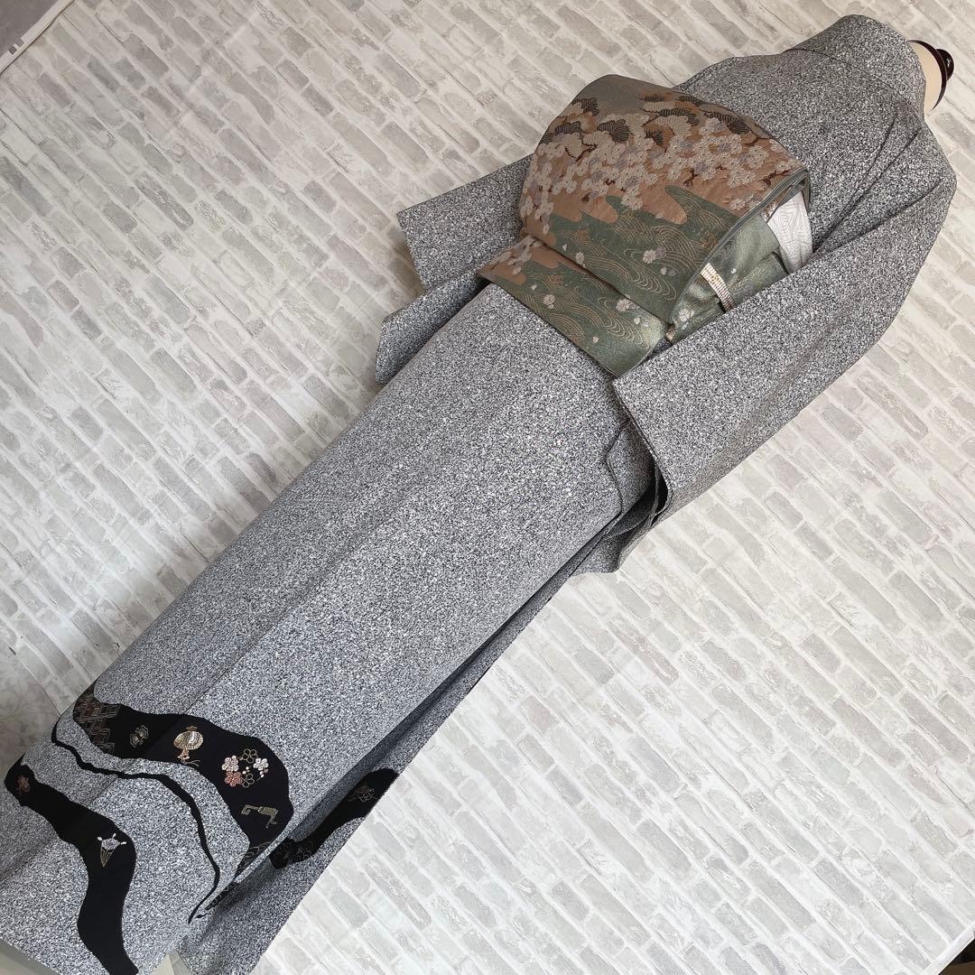 訪問着　フルセット　叩き染　宝尽くし　青海波　手刺繍　落款　健勝苑ガード　H5