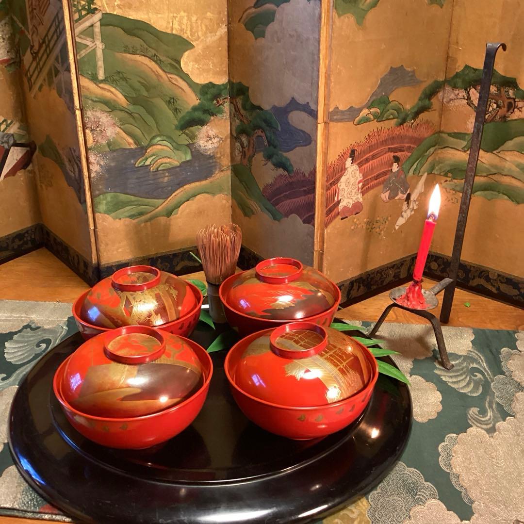 A903木製輪島塗　懐石道具　赤　古典風景蒔絵　『塗師銘仁左衛門』　4客