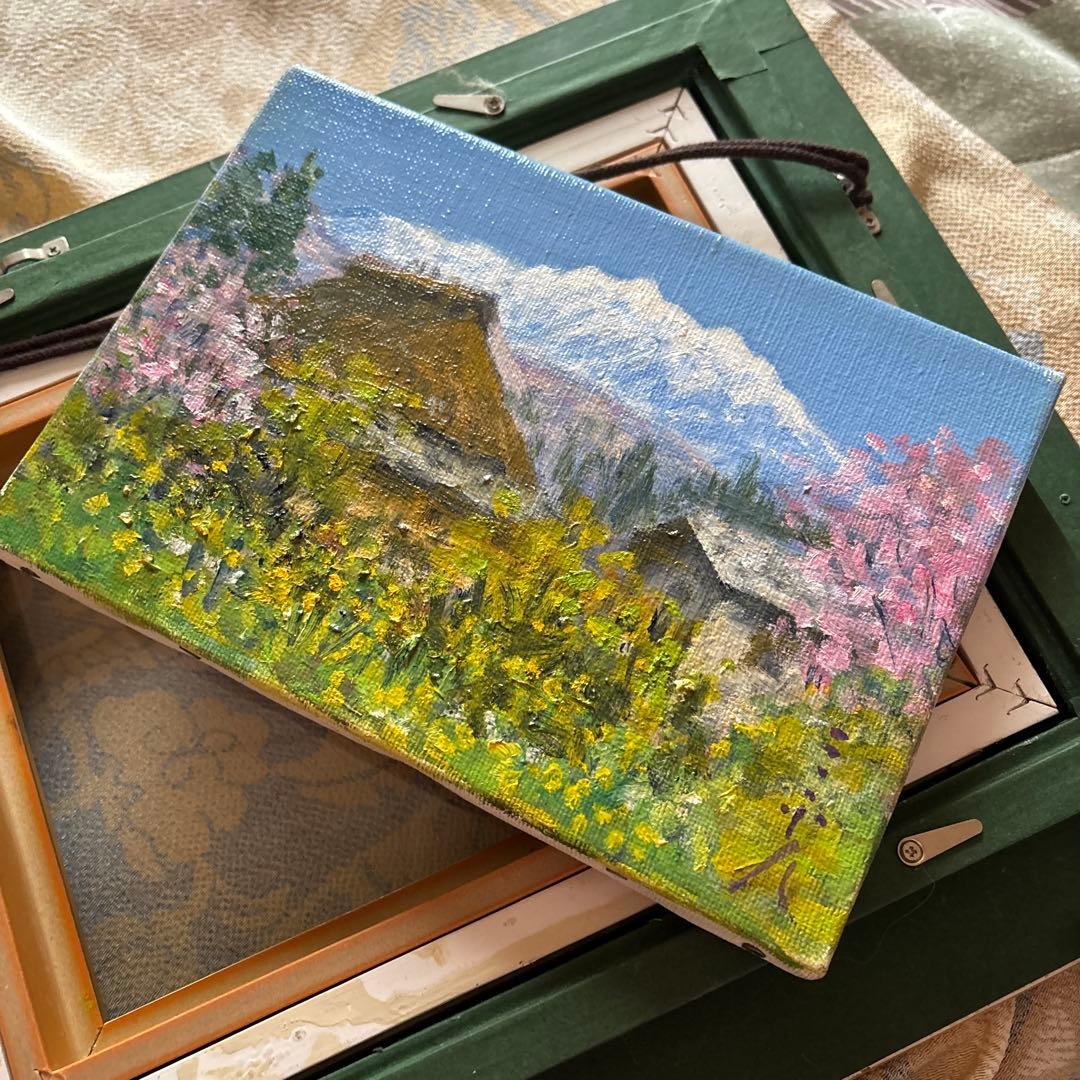 ミツバページ♬伊藤三千人 小さな油彩画 ゴールドフレーム 山風景