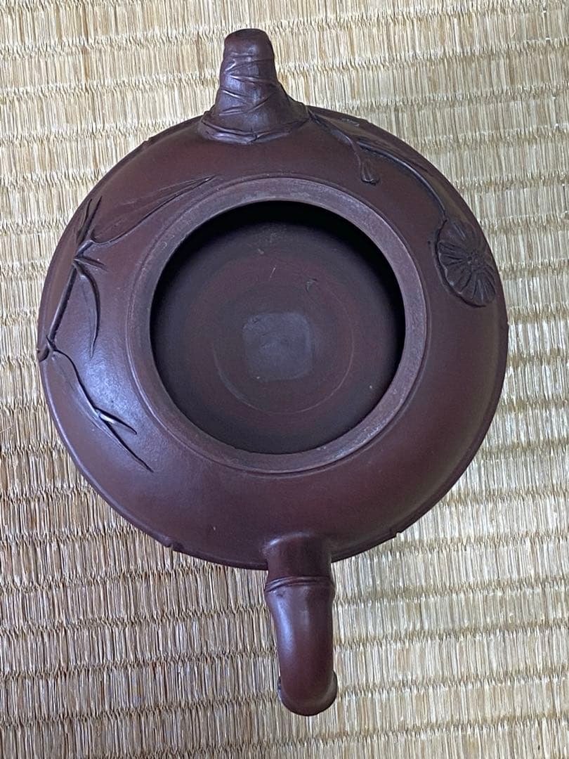 ♦中国？紫泥 梨地 紫砂 竹節 浮き彫り文様 茶壺？宜興窯 煎茶 茶道具 骨董品