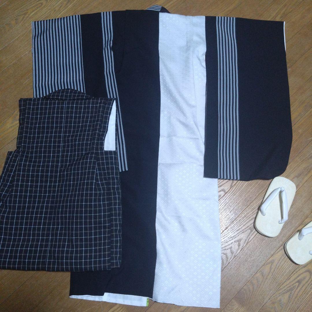 三歳★美品★モダン★チェック被布＆黒ストライプ着物＆雪駄18
