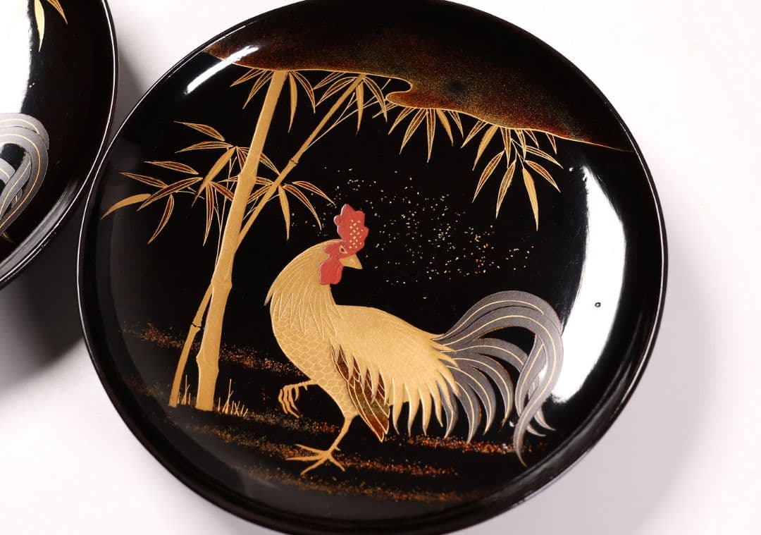 【CM352】時代蒔絵椀 竹に鶏金蒔絵 平椀二客 木製 /(検) 輪島塗加賀能登