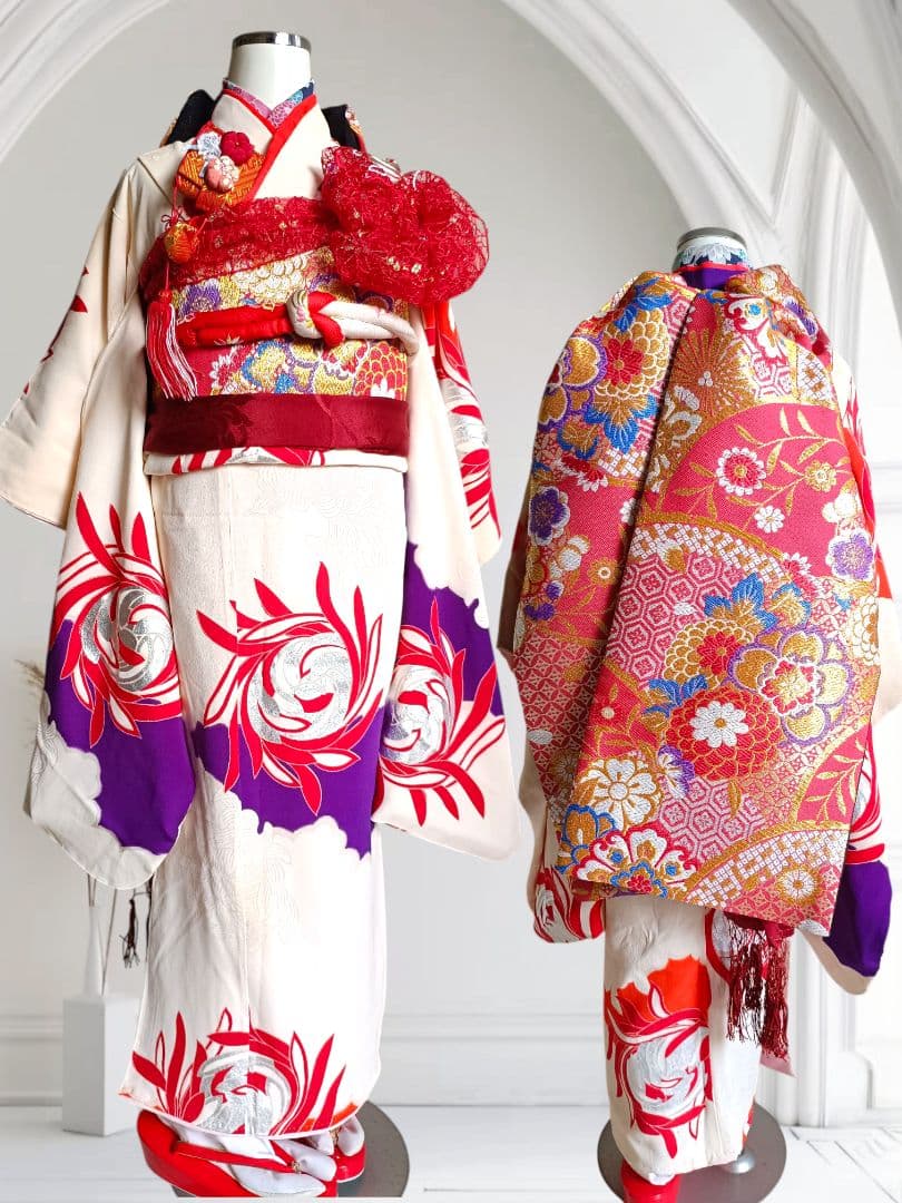 アンティーククリーム色着物と赤の作り帯☆七五三７歳セット