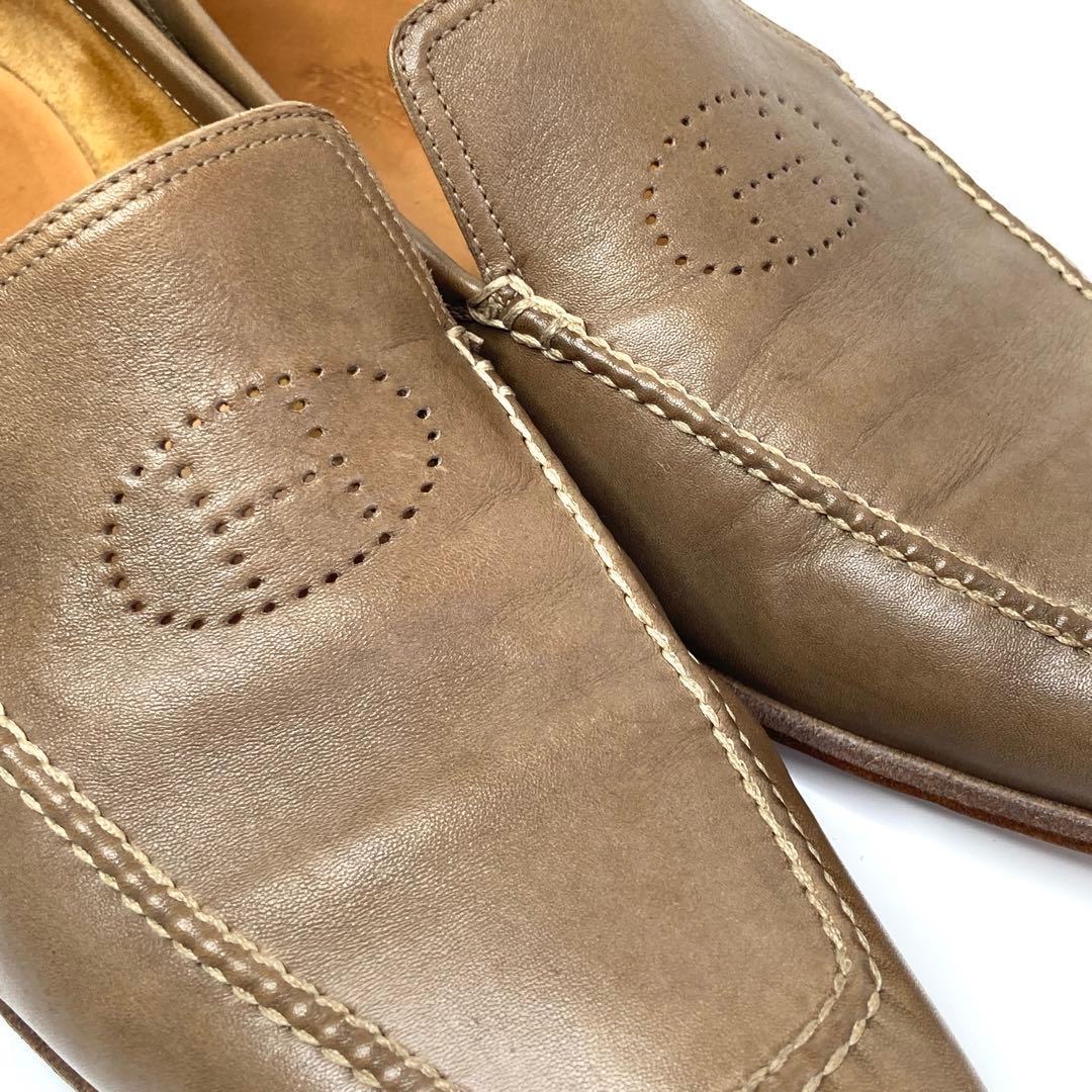 エルメス　パンチングHロゴ　ローファー　ビジネスシューズ　ブラウン　ベージュ　靴