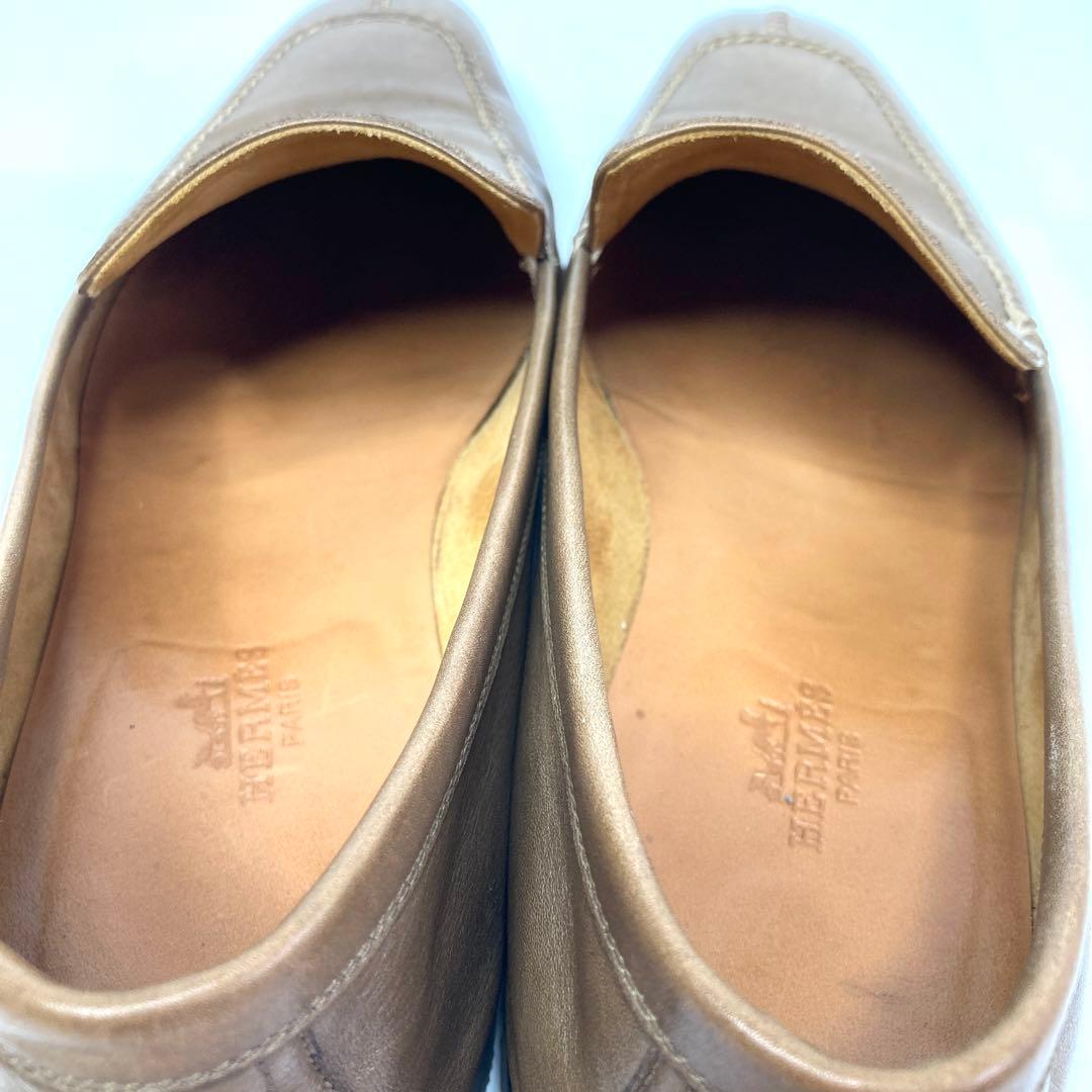 エルメス　パンチングHロゴ　ローファー　ビジネスシューズ　ブラウン　ベージュ　靴