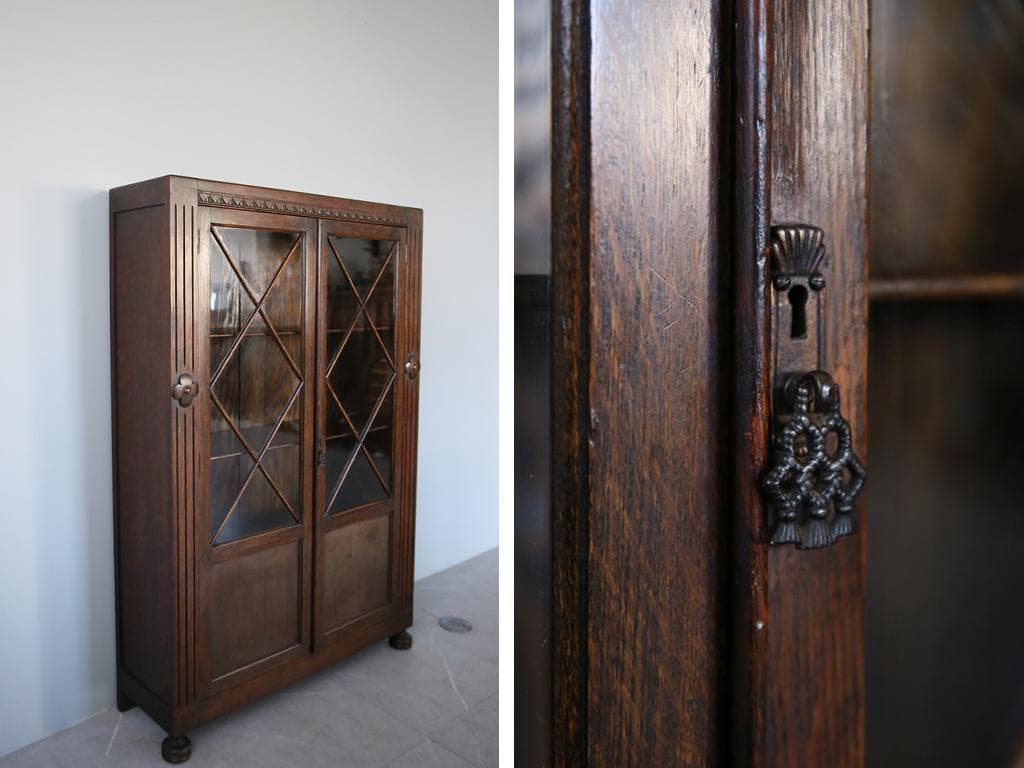 英国アンティーク木製ブックケースキャビネット/本棚/食器棚/飾り棚(92-155