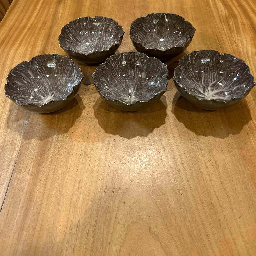 長崎　現川焼 十二代 横石臥牛宗雲作 刷毛目 花形鉢　五個　希少　一