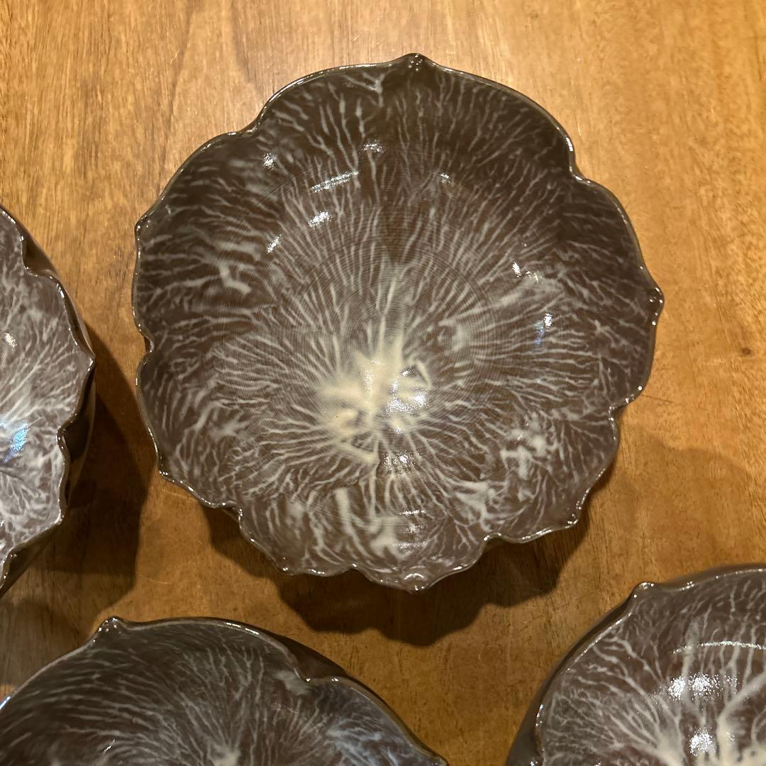 長崎　現川焼 十二代 横石臥牛宗雲作 刷毛目 花形鉢　五個　希少　一