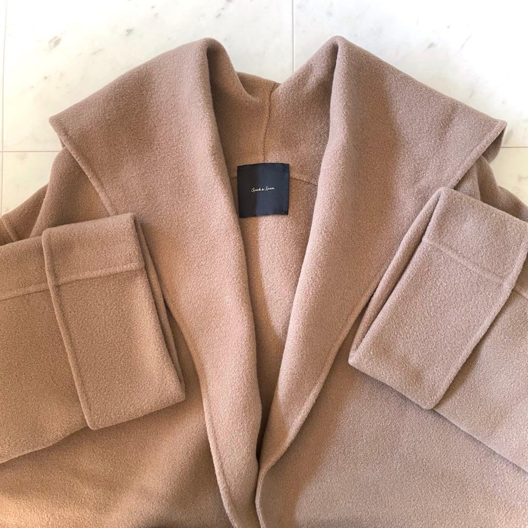 美品＊スピック＆スパン ダブルモッサリバーフーディーガウンコート カシミヤ混
