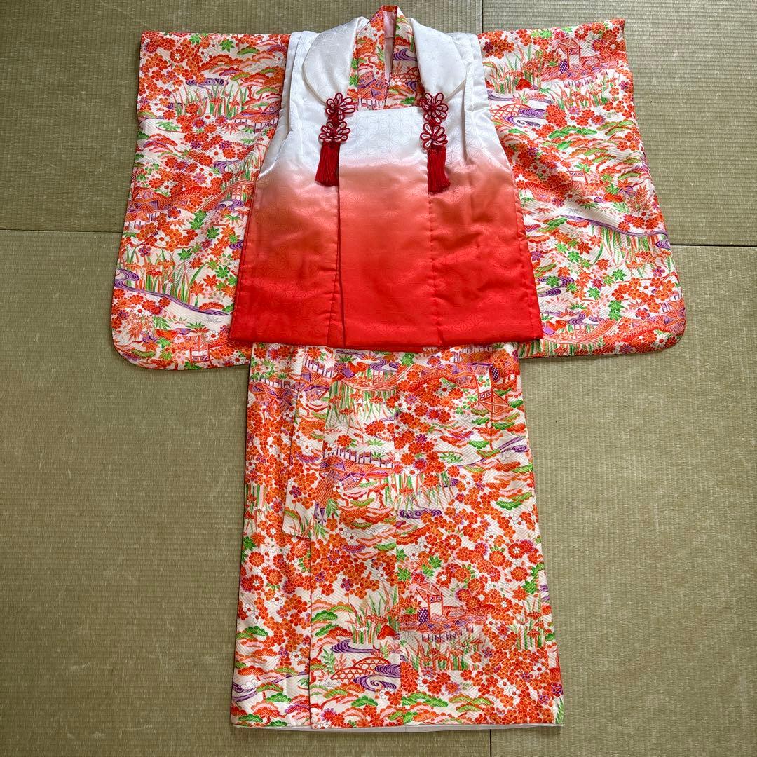 レトロ　総柄　正絹　七五三着物　3歳　女の子　被覆　襦袢付き　3点セット