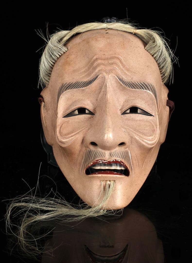 初代 野川陽山 時代能面 木彫 翁 姥 一対 箱付 在銘 小尉面 古美術 骨董品