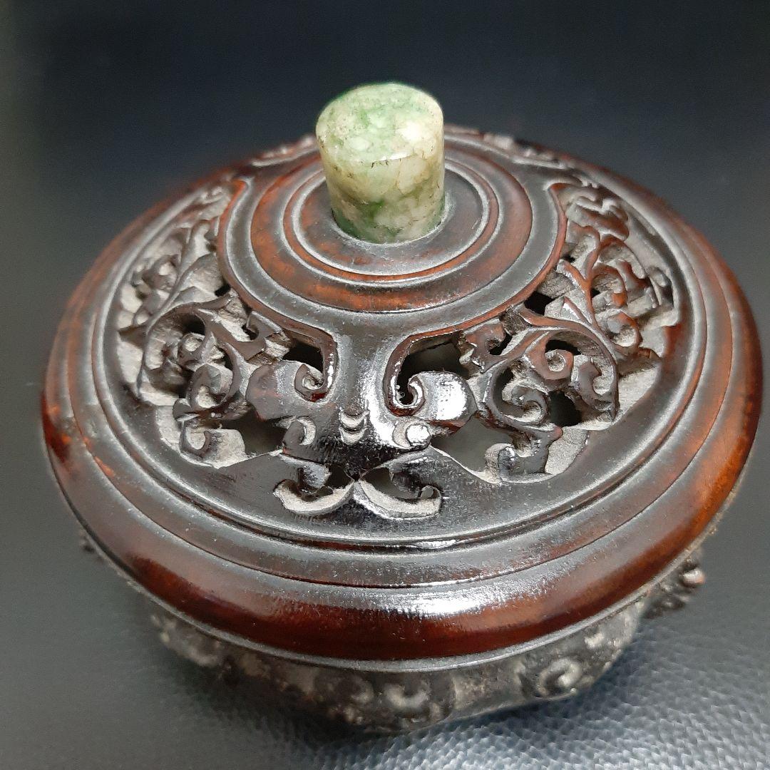 希少　古い銅香炉　香道具　唐木蓋　唐木台座　翡翠摘み　古美術　中国美術