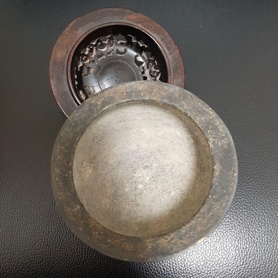 希少　古い銅香炉　香道具　唐木蓋　唐木台座　翡翠摘み　古美術　中国美術