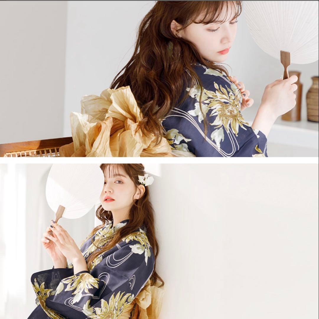 5点セット(浴衣・しわ兵児帯・下駄・着付け本・腰ひも)夏色の向日葵しらべ(藍)