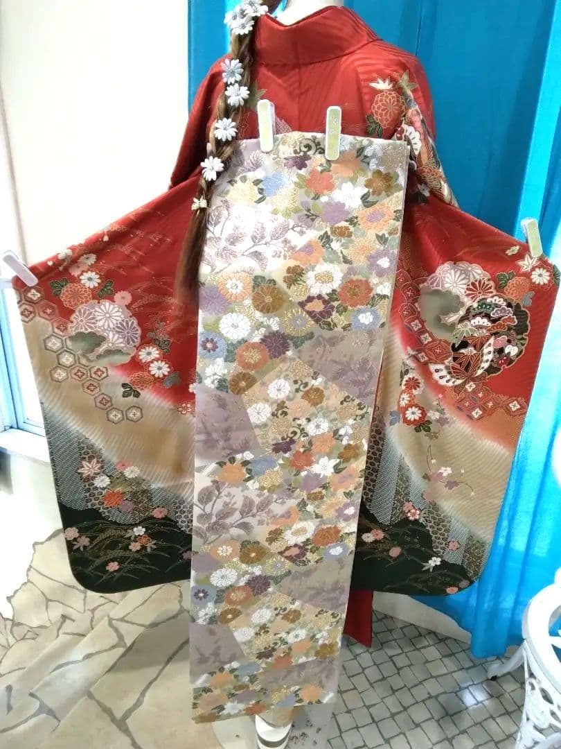 【新春】振袖フルセット、正絹振袖成人式、重ね衿帯揚げ帯締め、西陣唐織袋帯、襦袢