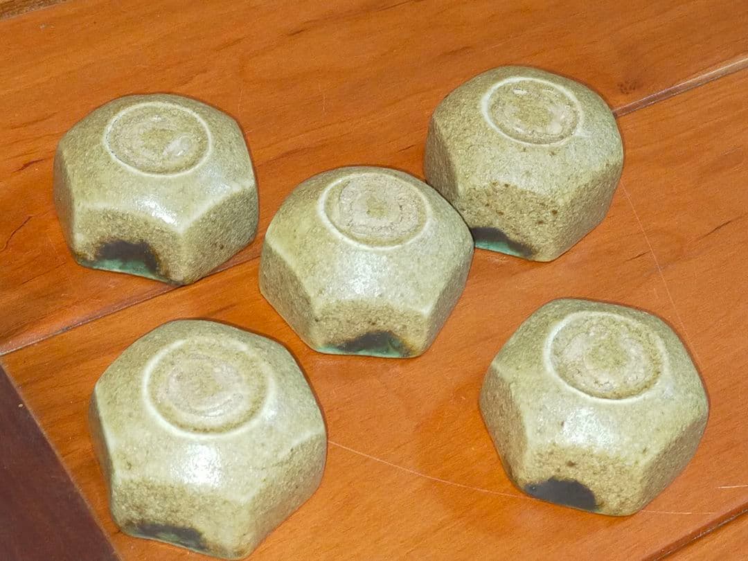 ♥黄瀬戸　六角盃　５個セット　桐箱付き　ぐい呑み　ぐい飲み　骨董　古玩