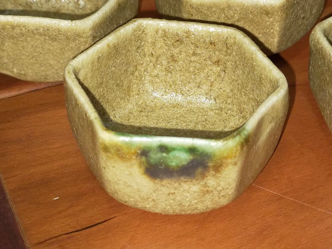 ♥黄瀬戸　六角盃　５個セット　桐箱付き　ぐい呑み　ぐい飲み　骨董　古玩