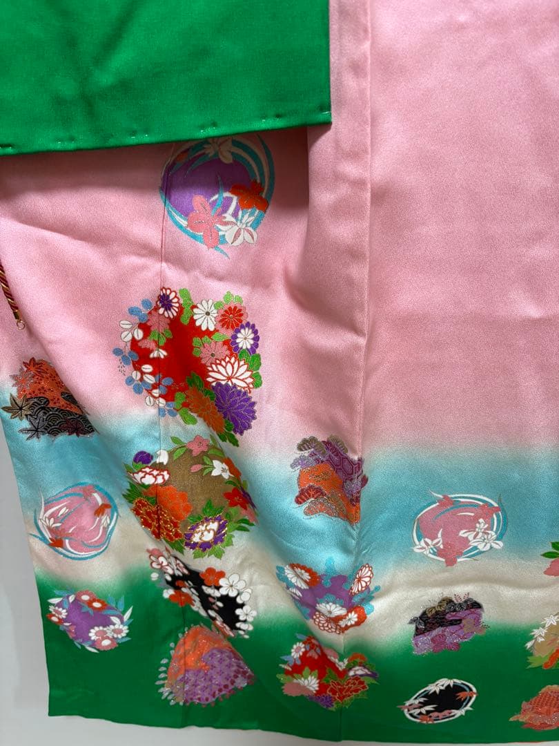 七五三　7才お嬢様　振袖　長襦袢　高級　正絹　金箔細工　優しいピンクグリーン