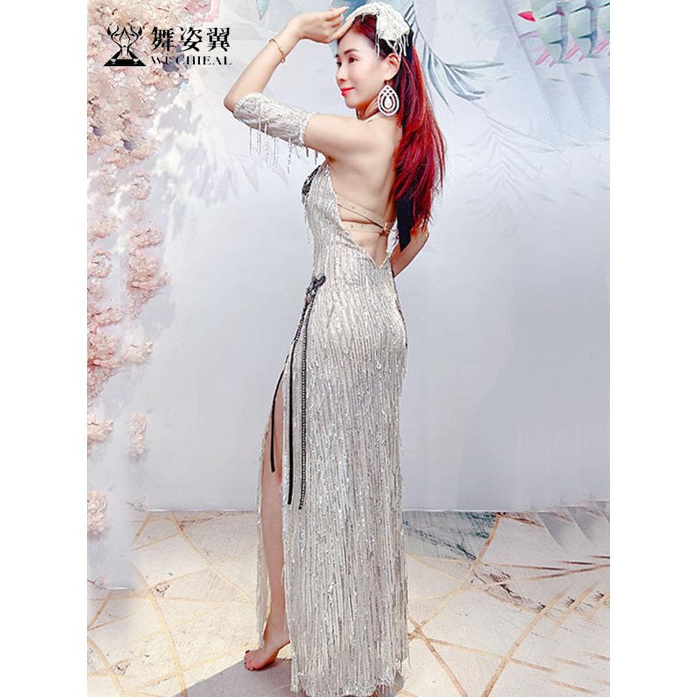 ベリーダンス衣装 スパンコールフリンジ ロングドレスライトブルー