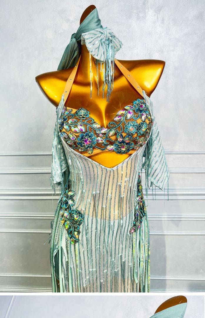 ベリーダンス衣装 スパンコールフリンジ ロングドレスライトブルー