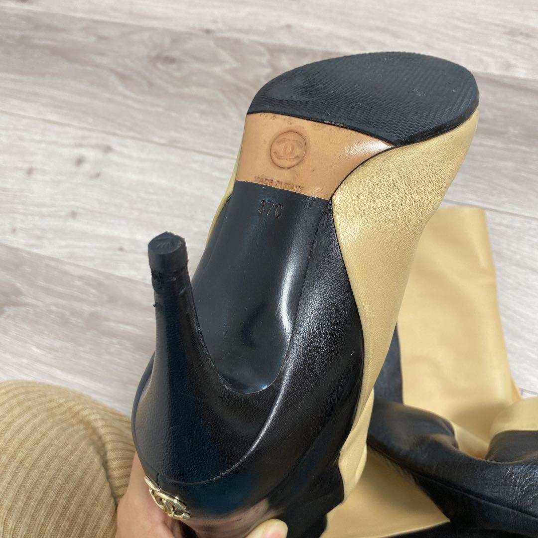 CHANELニーハイバイカラーブーツベージュ黒
