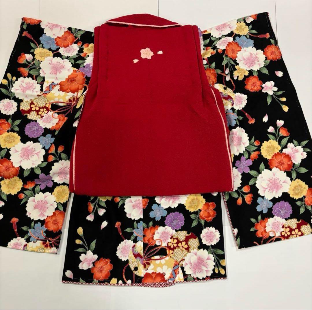七五三　3歳女の子　着物セット　赤ちりめん　正絹被布　黒に八重桜　新品