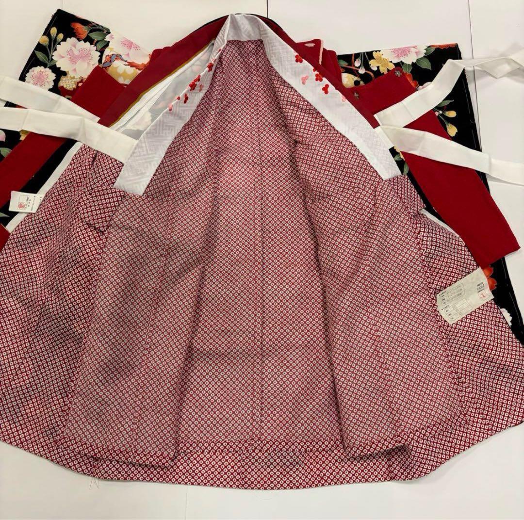 七五三　3歳女の子　着物セット　赤ちりめん　正絹被布　黒に八重桜　新品