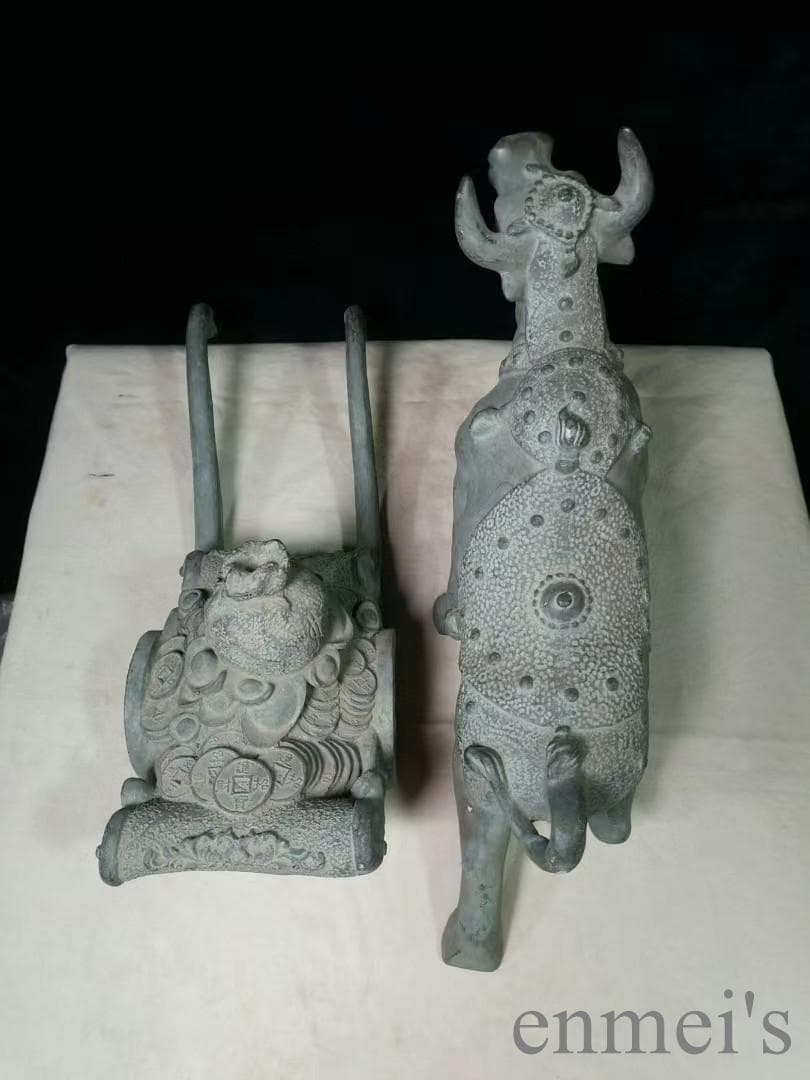 中国古美術 銅製 風水置物 牛拉元宝 開運 招財 五行財神 風水銅器 吉祥置物