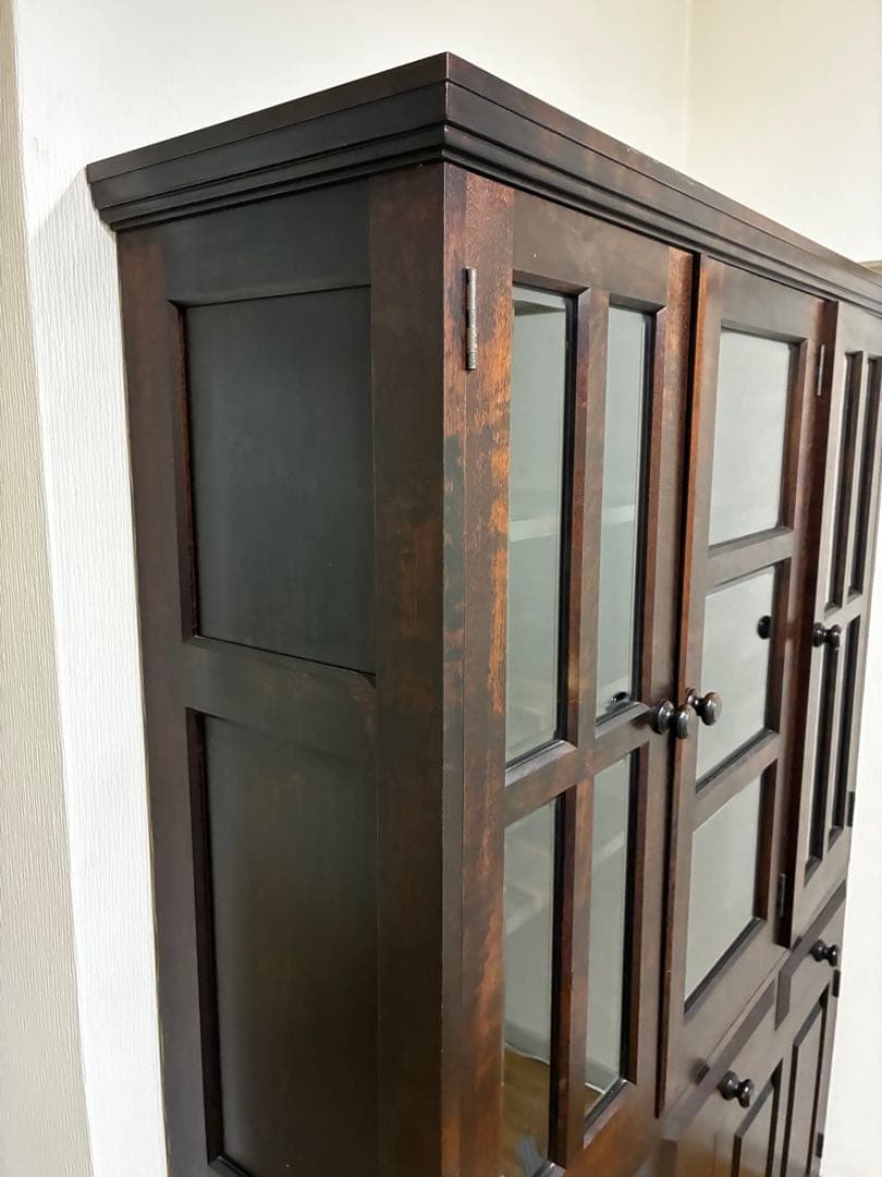 ☆送料込み☆ 民芸　民藝　木製食器棚 ダークブラウン ガラス扉付き