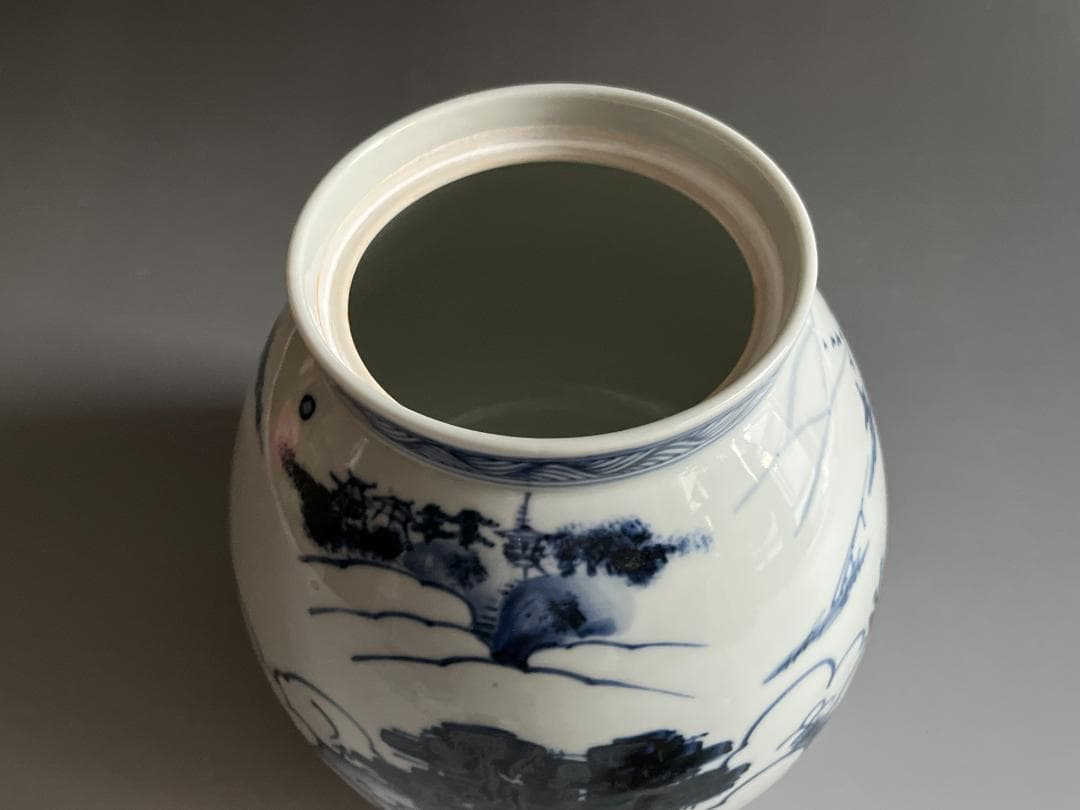 膳所焼　染付　近江八景の繪　芋頭水指　久田宗也　尋牛斎書付　茶道具　表千家