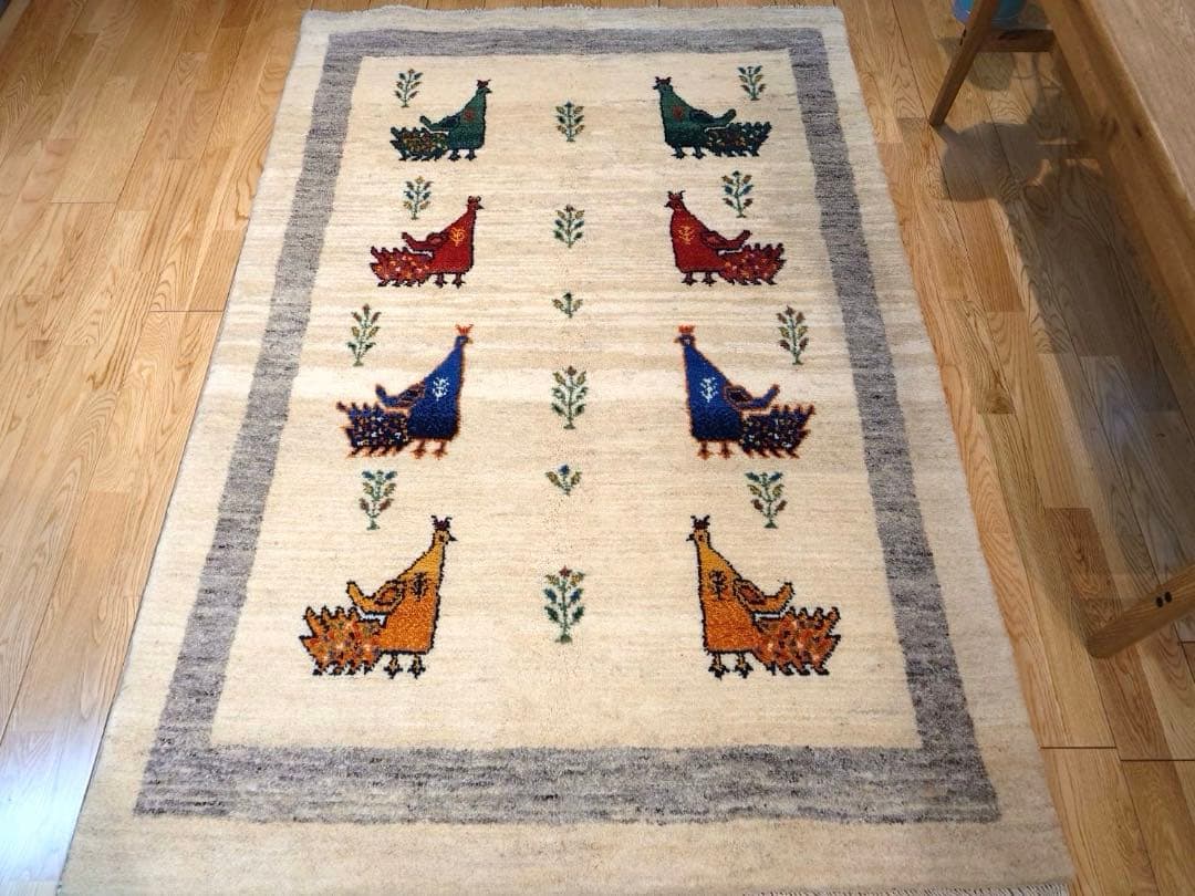 【キャンペーン】ペルシャ　ギャッベ　174×120　アイボリー　ベージュ　孔雀