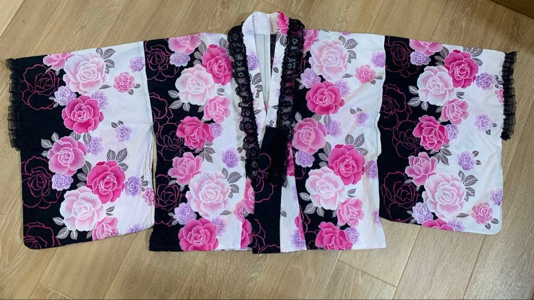 浴衣ドレス　姫ギャル　地雷　量産　平成　花柄　レース　かわいい　黒　ピンク　バラ