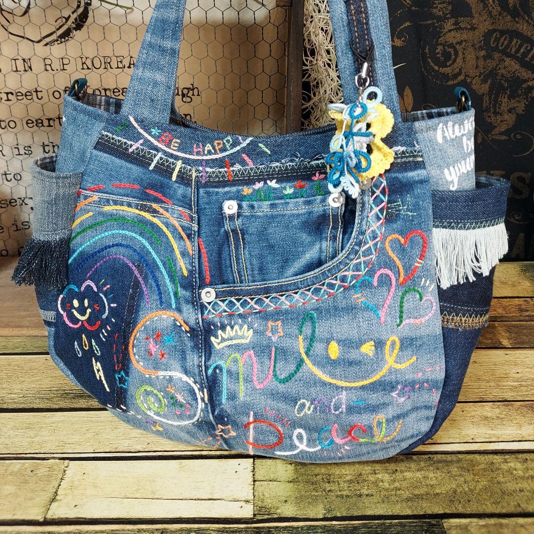 刺繍デニムバック　No.658　デニムリメイク　スマイリー　刺繍バック