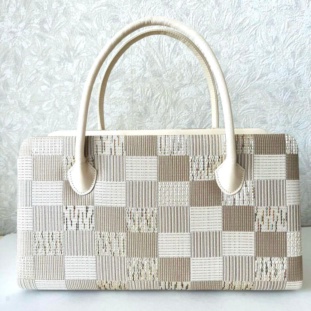【セール✨】利休バッグ　和装バッグ　アイボリー　チェック柄　底鋲　総柄　春夏秋
