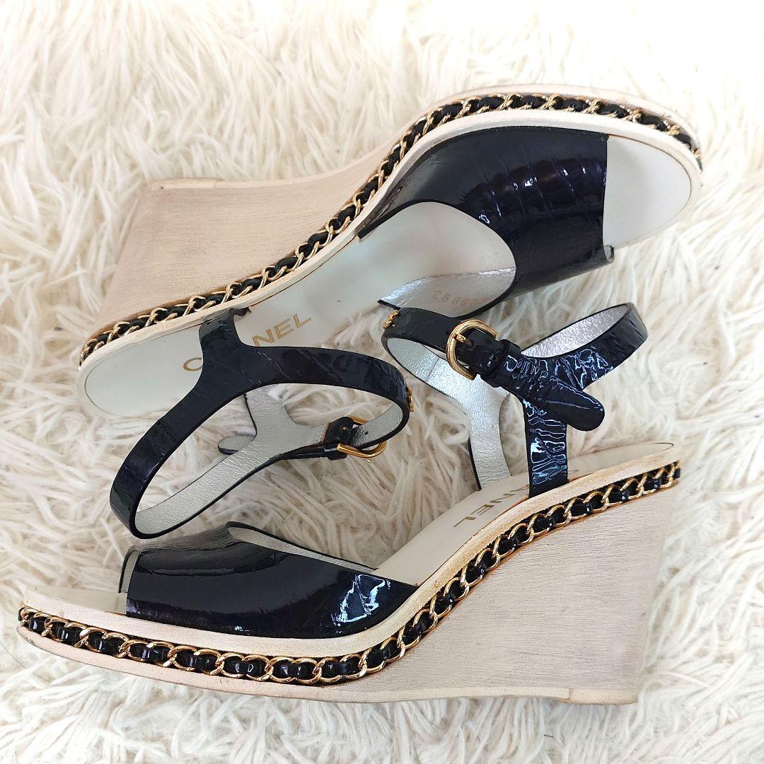 シャネル ミュール チェーン ココマーク ウッドソール 36c エナメル 保存袋