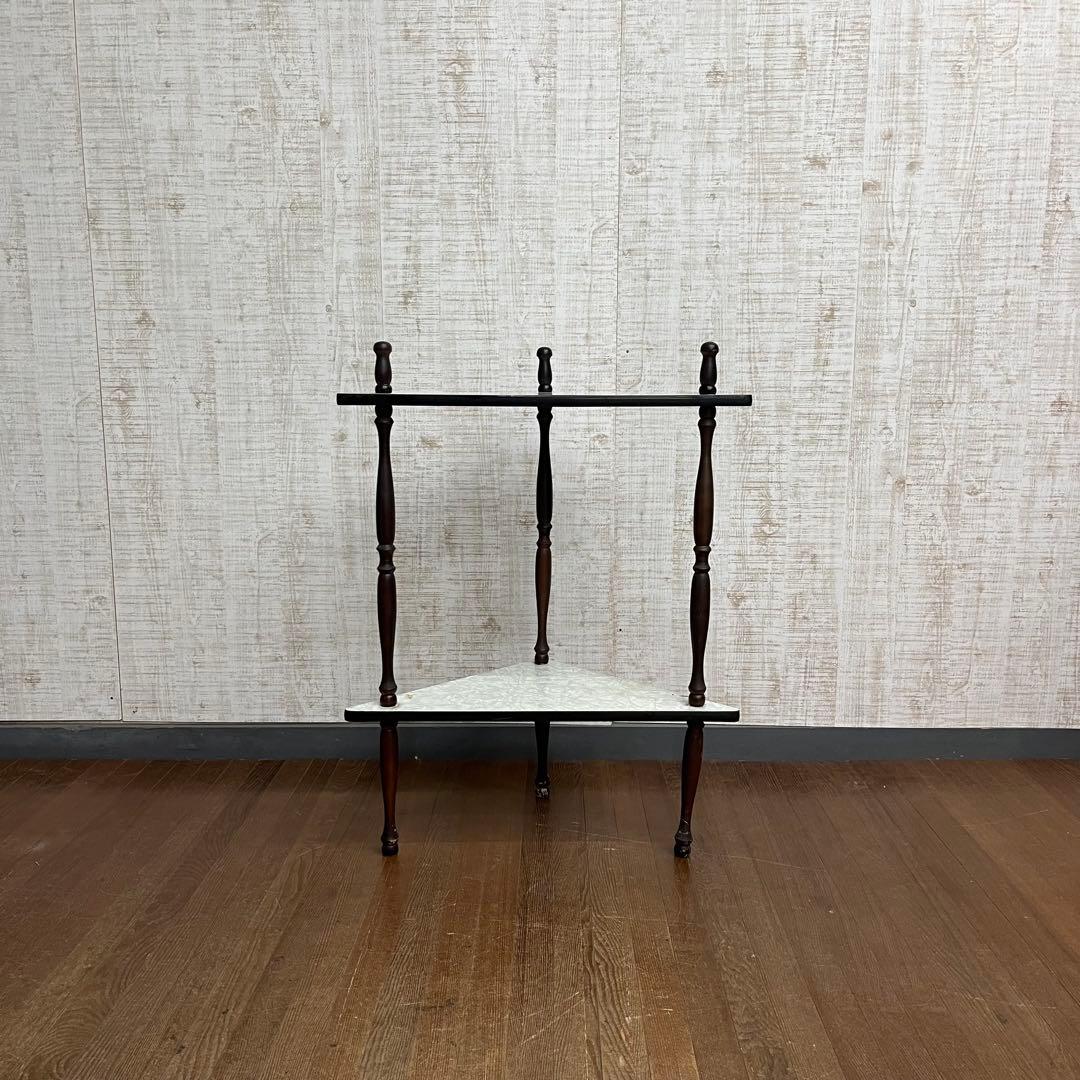 【アンティーク】昭和レトロ 木製 2段 三角コーナーラック サイドテーブル