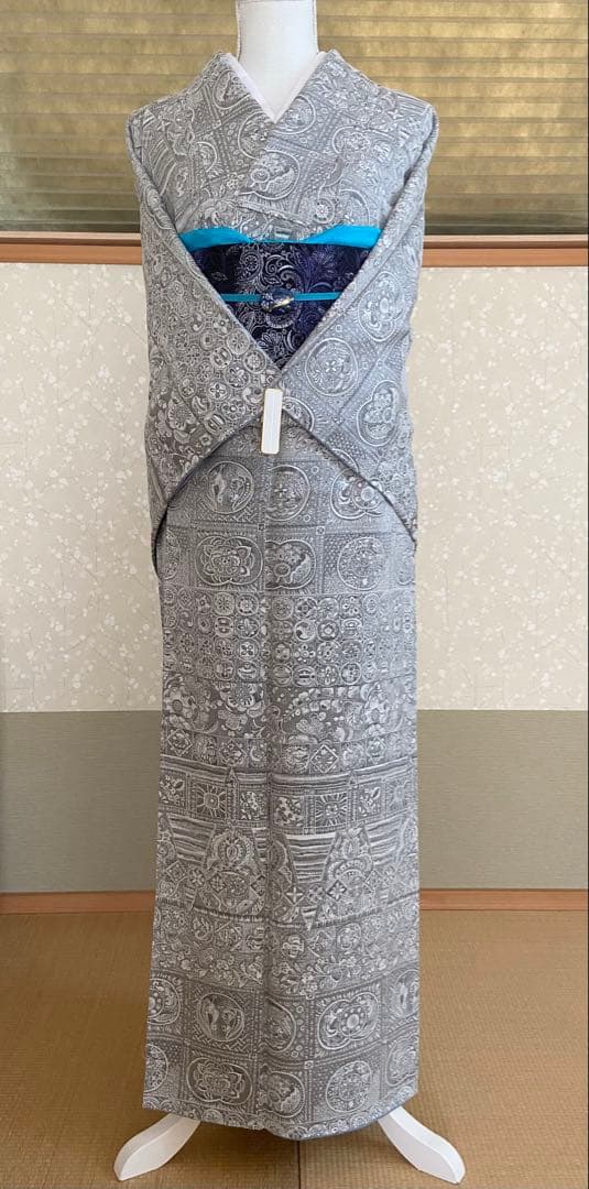 未使用しつけ付き☆天目織　お召し　花や鳥模様　着物（袷）ラスト！