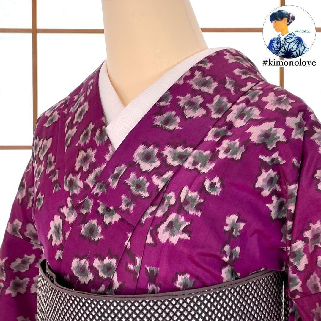 銘仙 着物 袷 正絹 枝花柄 赤紫色 アンティーク着物 A-1635