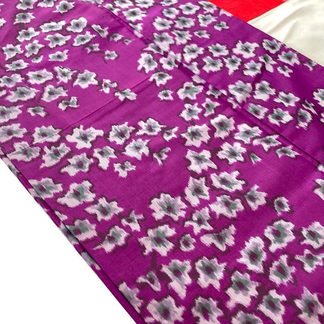 銘仙 着物 袷 正絹 枝花柄 赤紫色 アンティーク着物 A-1635