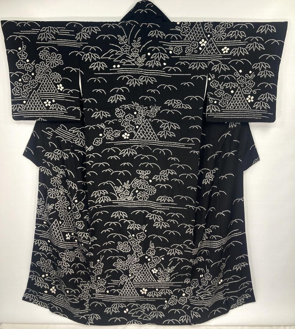 手絞り モノトーン 花柄 網干文 訪問着 京鹿の子絞り 袷 正絹 黒 白1379