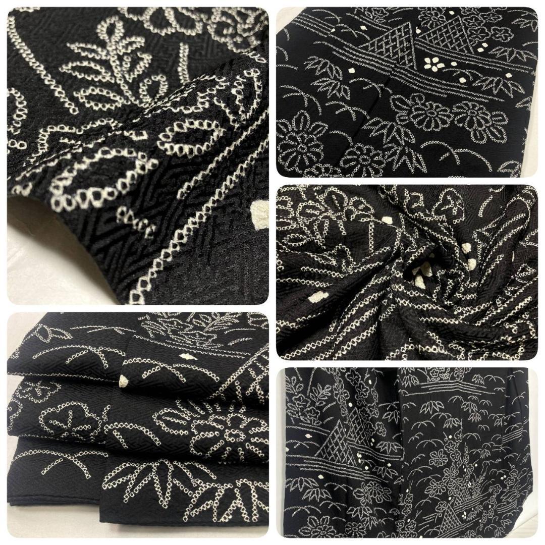 手絞り モノトーン 花柄 網干文 訪問着 京鹿の子絞り 袷 正絹 黒 白1379