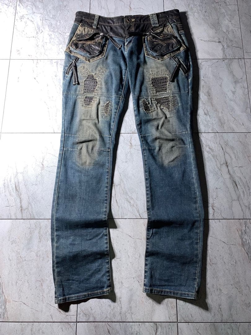 00s PPFM archive 立体 フェイクレザー ダメージ デニム Y2K