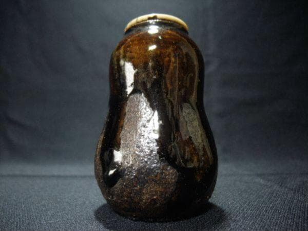 古い 茶入れ 瓢型 蓋 骨 飴釉 仕覆付 茶道具 時代物 骨董