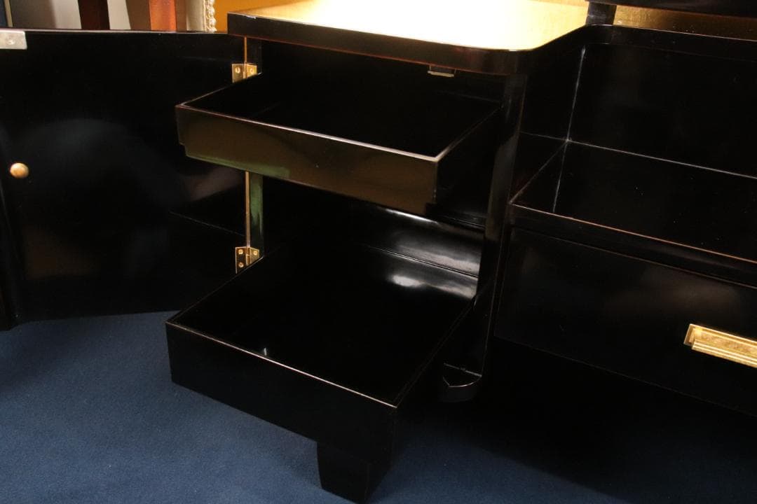 枝垂れ桜、高級輪島塗　黒漆塗り　芍薬蒔絵　台　ドレッサ　三面鏡 BE740