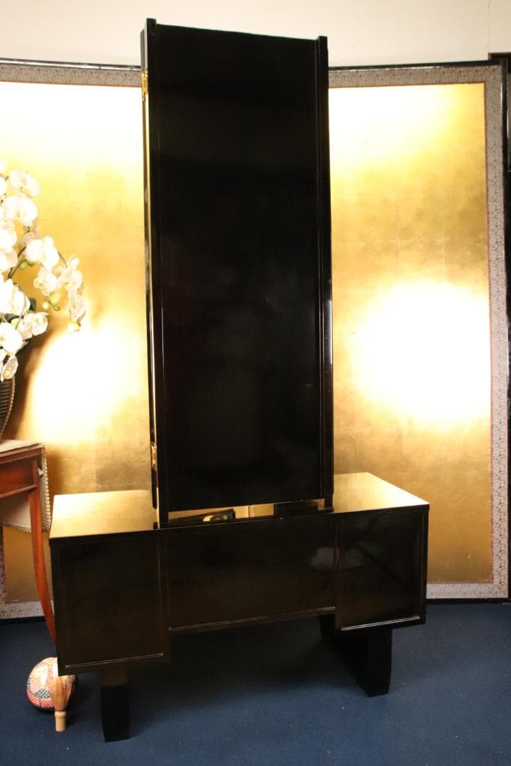 枝垂れ桜、高級輪島塗　黒漆塗り　芍薬蒔絵　台　ドレッサ　三面鏡 BE740