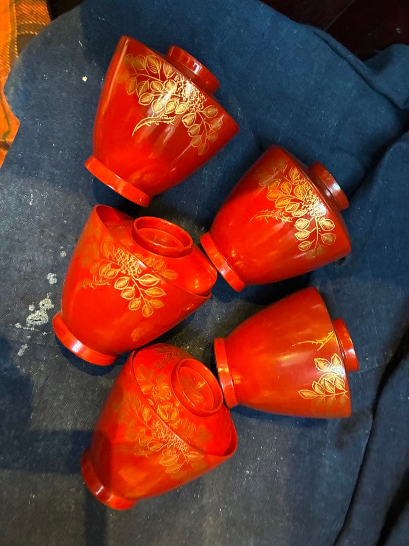 漆器　沈金　①吸物椀　荷物椀　5客　輪島塗　漆傷みなし 朱塗り　木製　小吸物