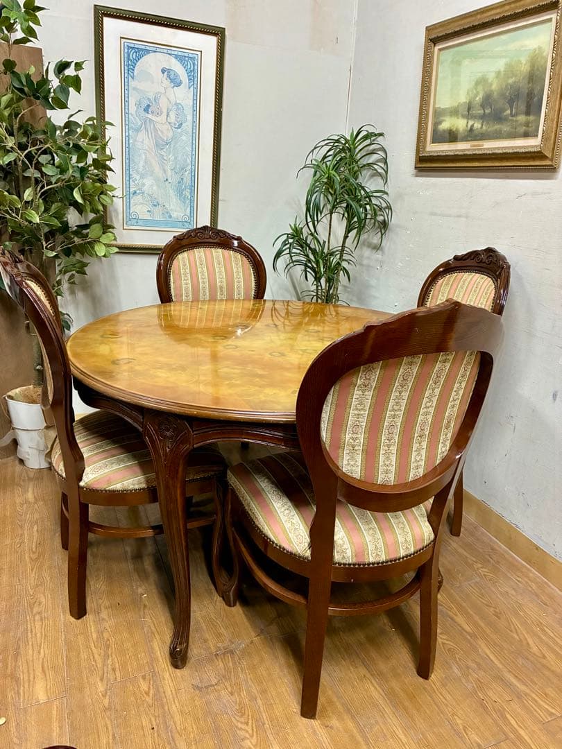 管469☆イタリア製☆アンティーク☆象嵌細工☆ラウンド型☆ダイニングテーブル