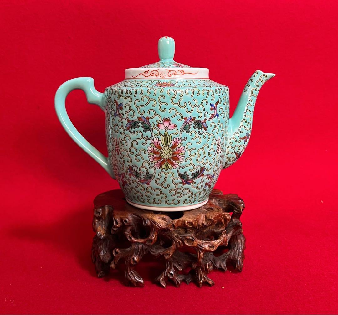 中国美術 粉彩福壽双全蝙蝠 壽 花柄 大茶壺 大急須 水注 中國景德鎮 茶道具